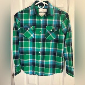 Boys Ditch Plains button up long sleeve green and blue plaid small shirt.